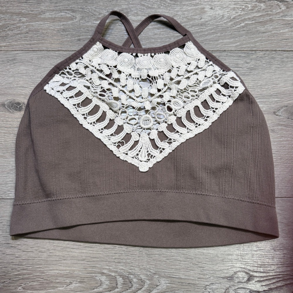 Womens Ribbed Lace Trim Bralette Brown High Neck Seamless Cami Top XL XLarge